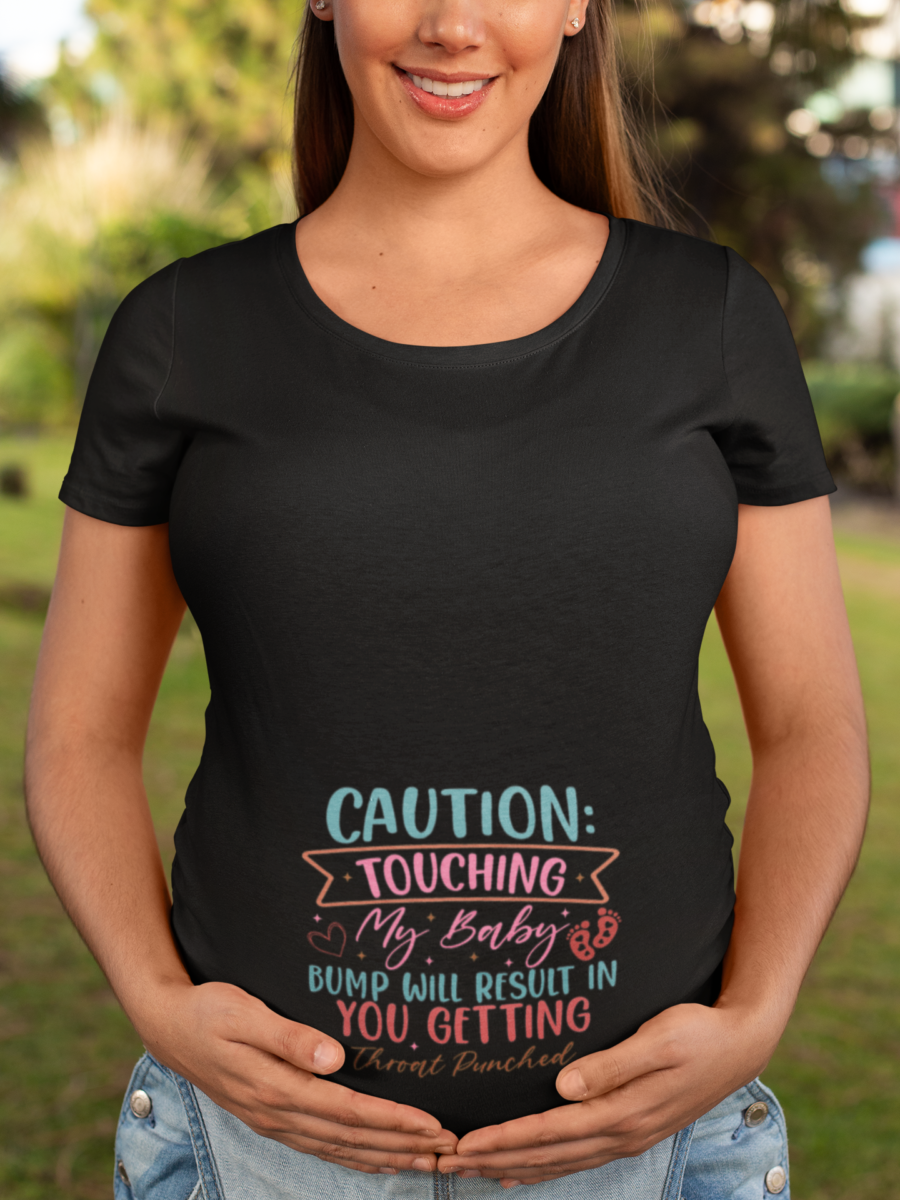 Caution Touching My Baby Bump.Maternity T Shirt Dress – Funny Pregnancy Tee black - Dheeth By Nature