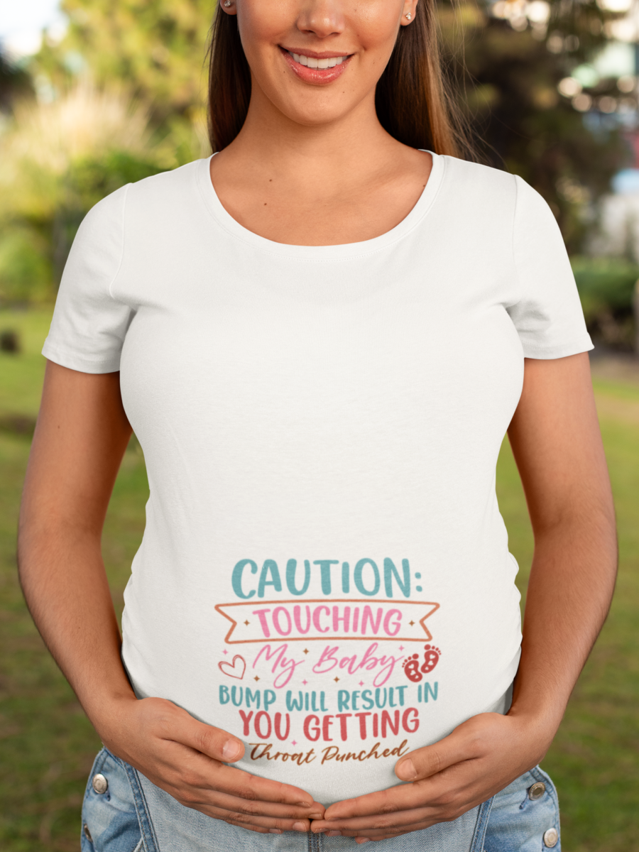 Caution Touching My Baby Bump.Maternity T Shirt Dress – Funny Pregnancy Tee white - Dheeth By Nature