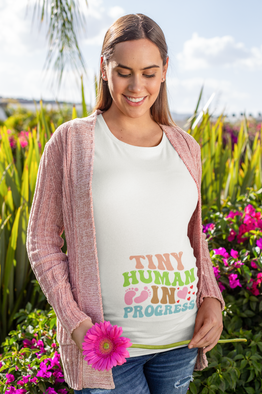 Tiny Human In Progress white Maternity T Shirt Dress - Dheeth By Nature