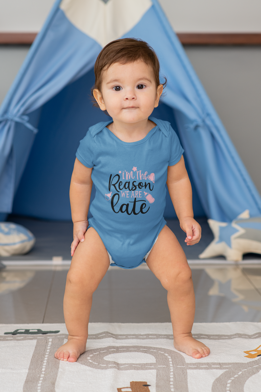 I am the reason we are late orchid blue dheethbynature baby roamper onsie - Dheeth By Nature