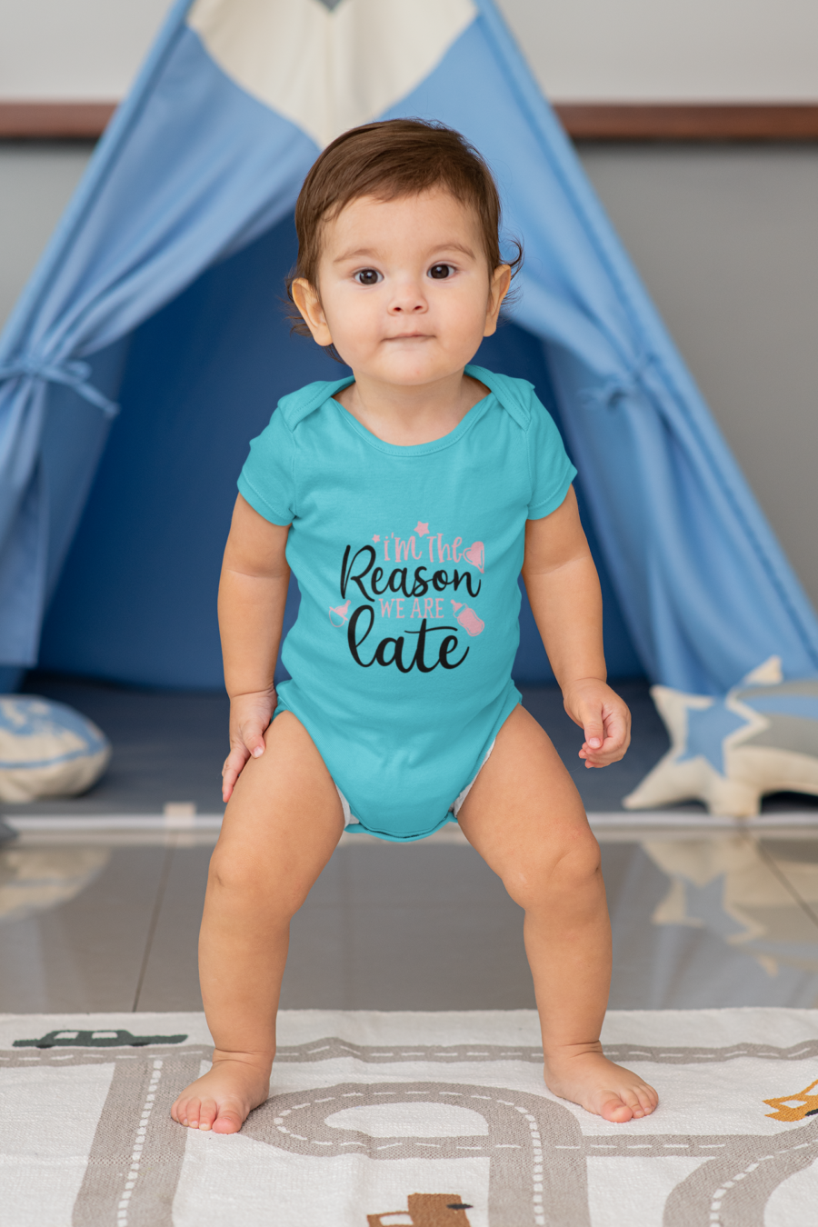 I am the reason we are late sky blue dheethbynature baby roamper onsie - Dheeth By Nature