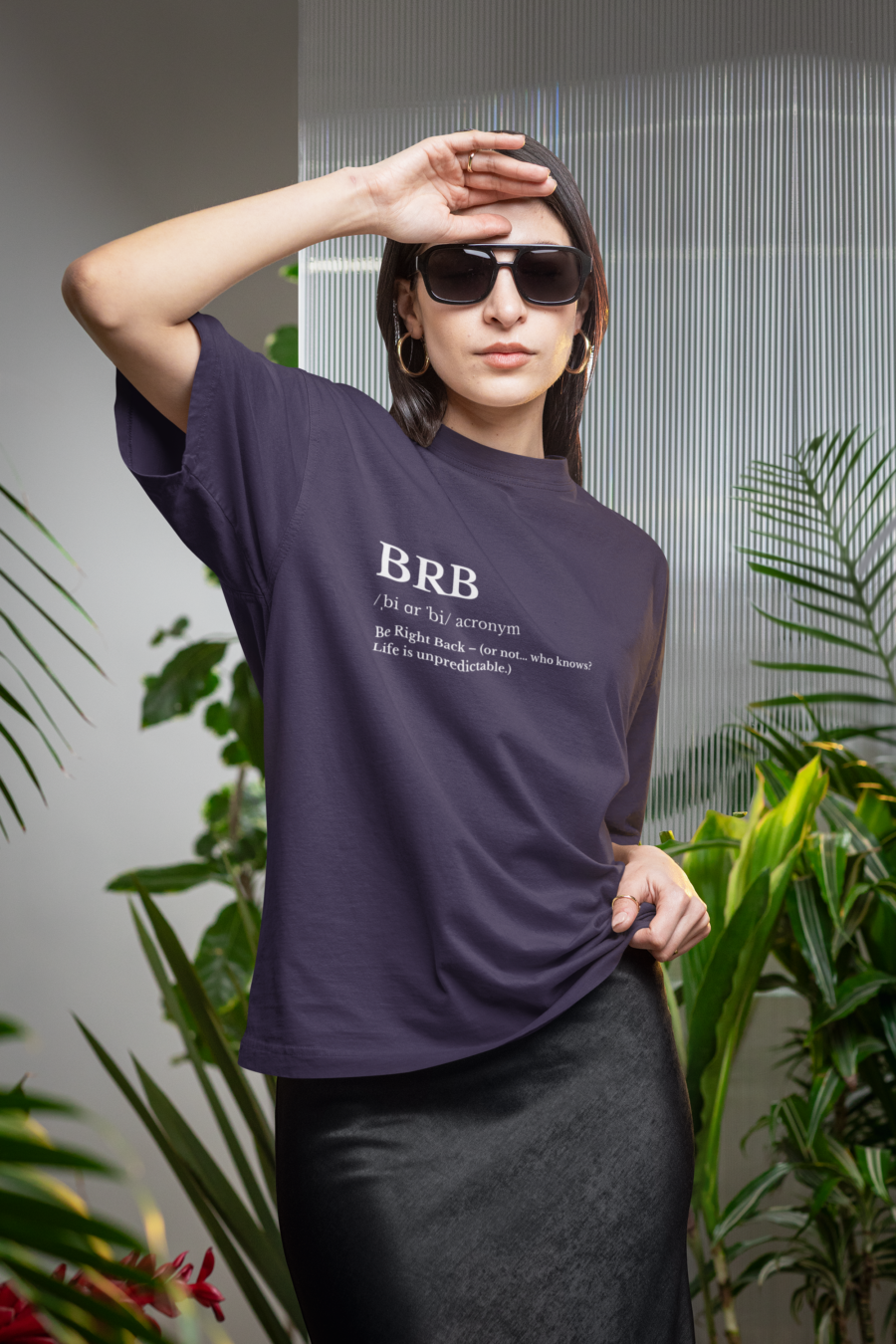 oversized t shirt of a woman withbrb white print dbn - Dheeth By Nature