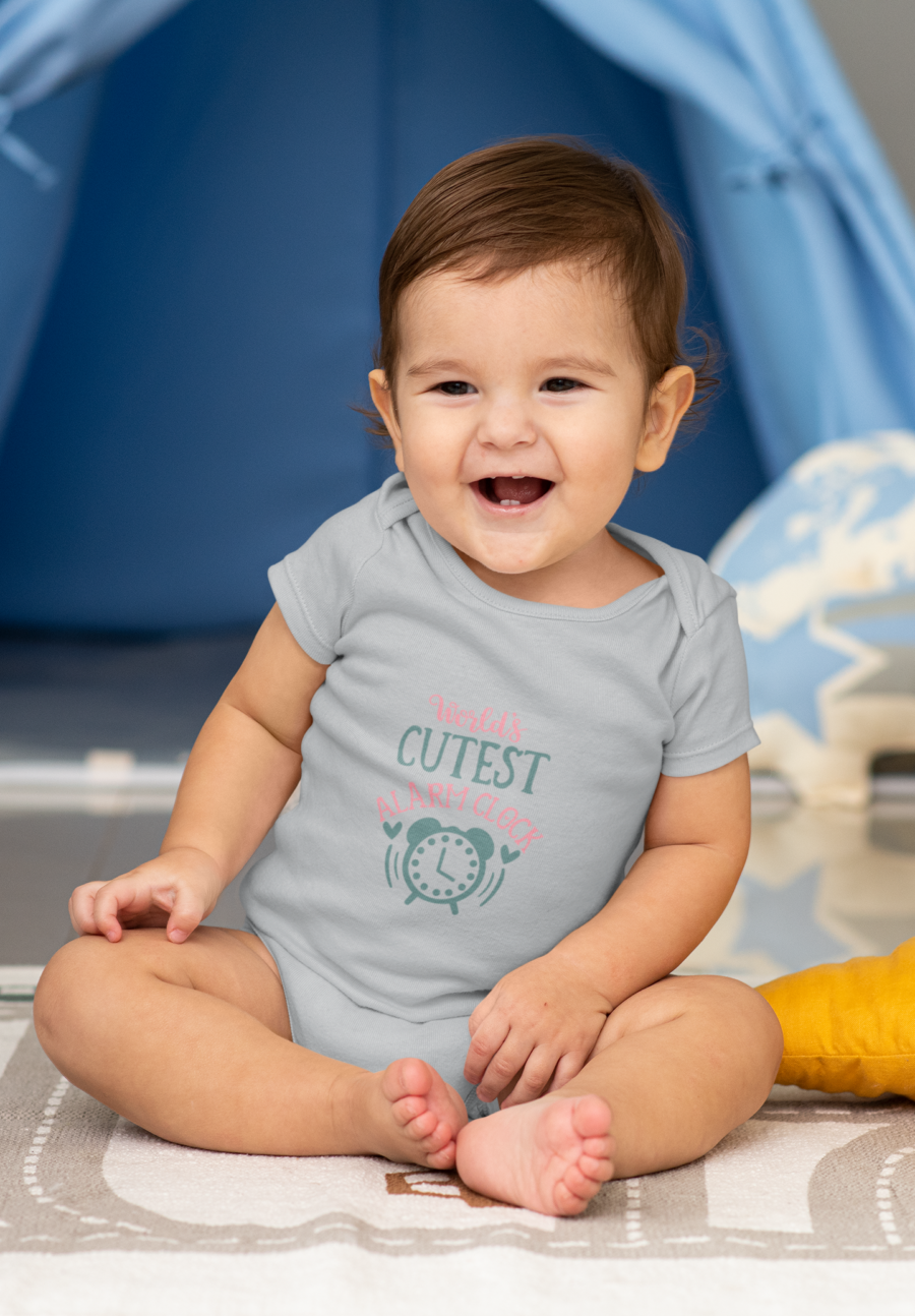 worlds cutetst alarm clock grey dheethbynature baby roamper onsie - Dheeth By Nature